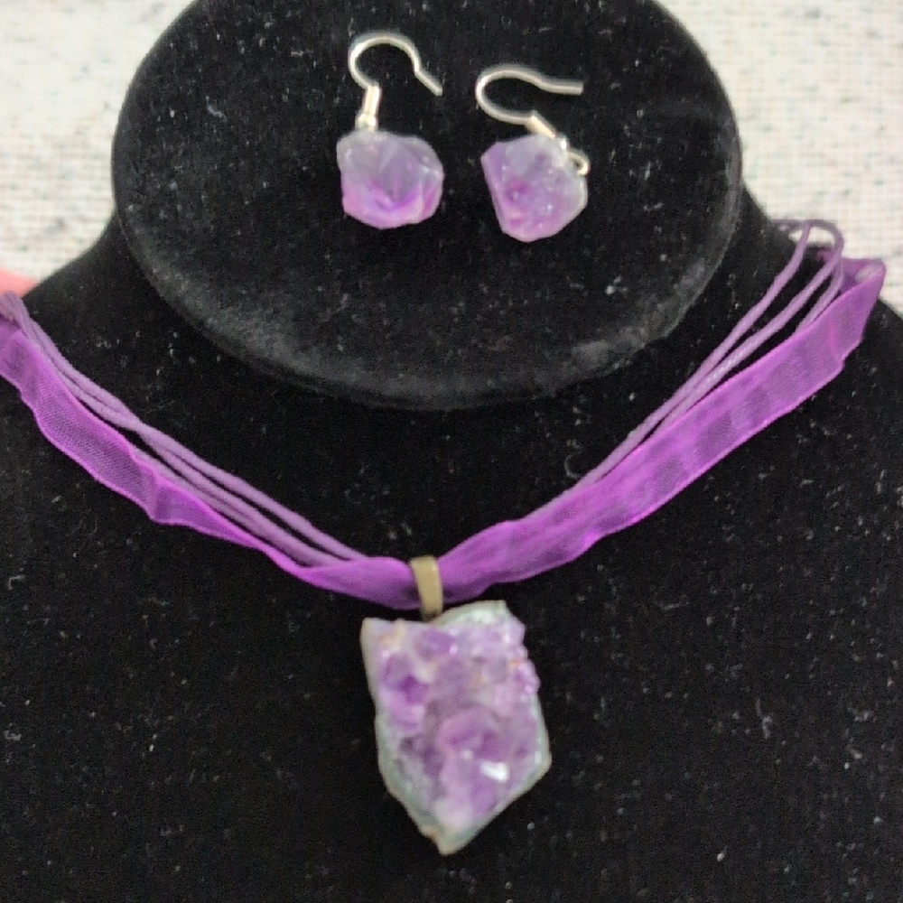 Purple Amethyst Geode Necklace and Earring Set